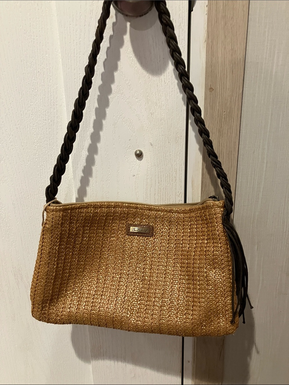 Woven Shoulder Bag with Braided Dark Brown Strap - Tan
